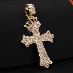 Gold Plated Red Stone & Crown Sharp Cross Pendant Cubic-Zirconia Rope Chain