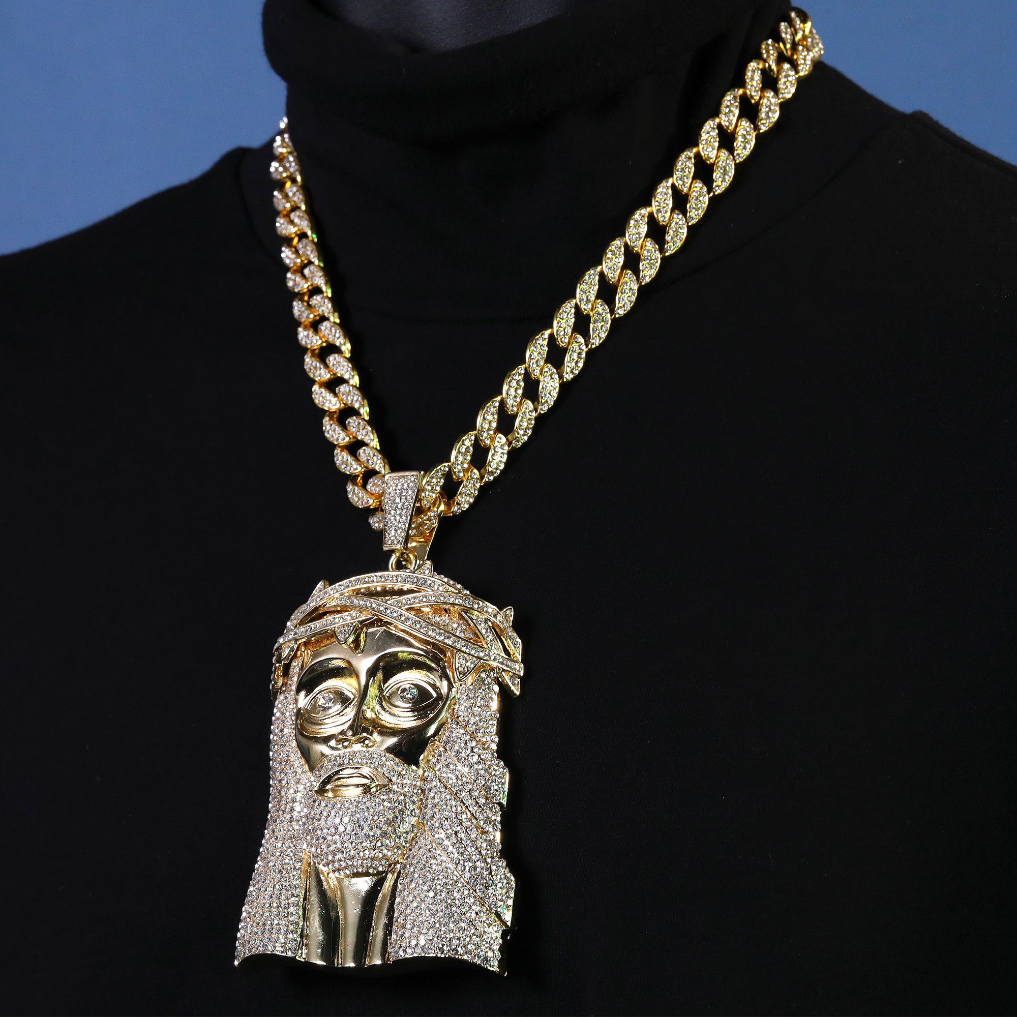 Large Jumbo "Crowned Jesus Face" 14k Gold Plated Pendant & Cuban Chain Necklace - Full Prong CZ