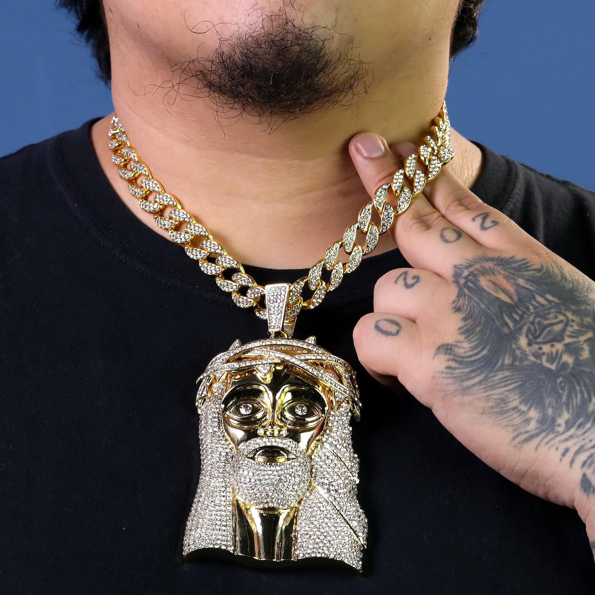 Large Jumbo "Crowned Jesus Face" 14k Gold Plated Pendant & Cuban Chain Necklace - Full Prong CZ
