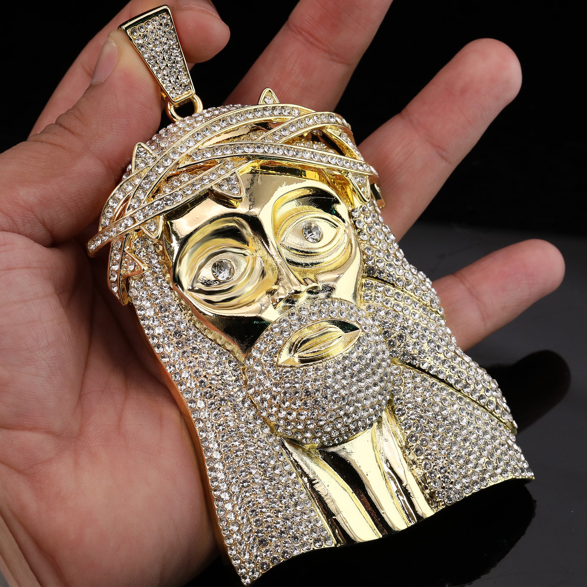 Large Jumbo "Crowned Jesus Face" 14k Gold Plated Pendant & Cuban Chain Necklace - Full Prong CZ