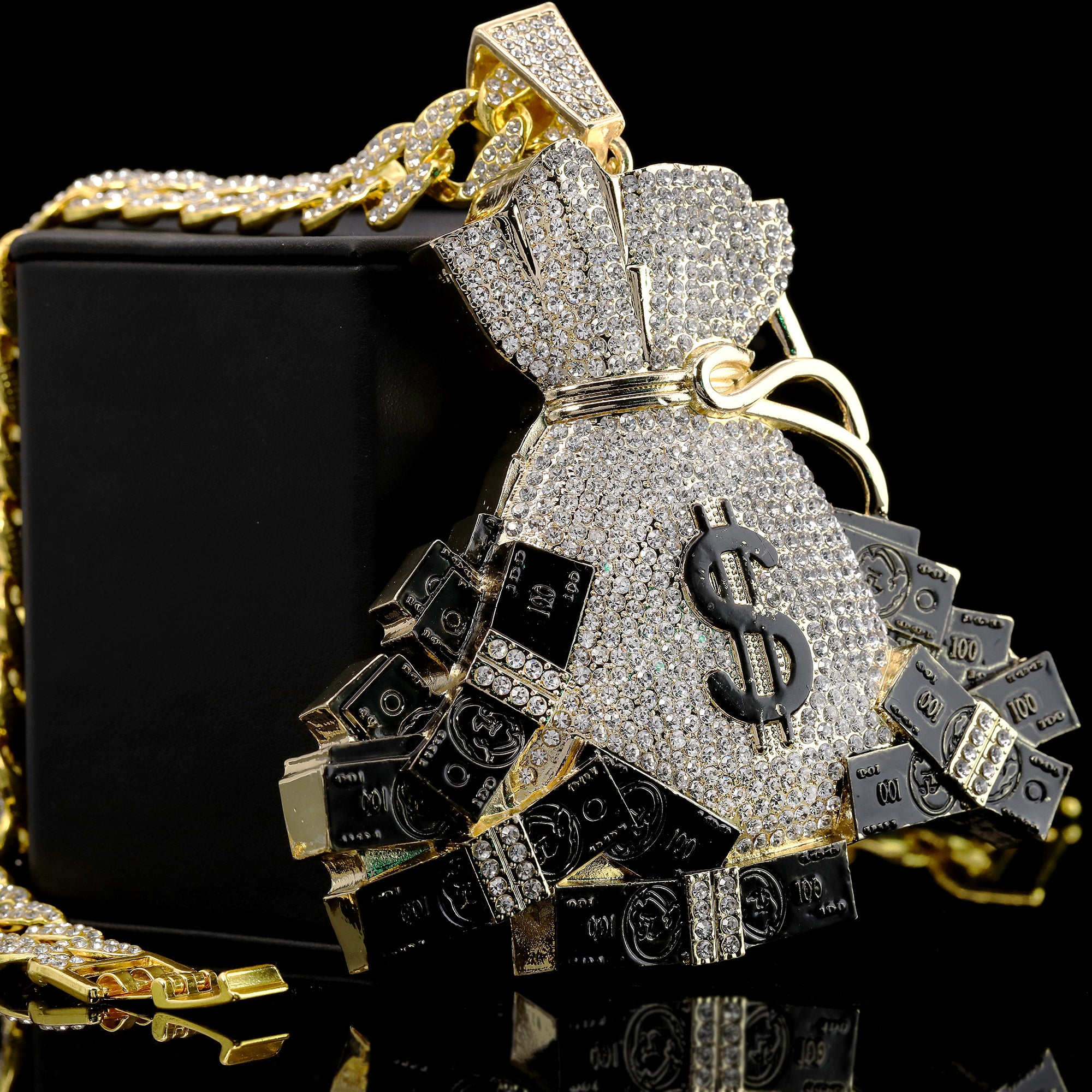 Jumbo Money Bag Sign Pendant with 14K Gold Filled 20" Cuban Choker Chain