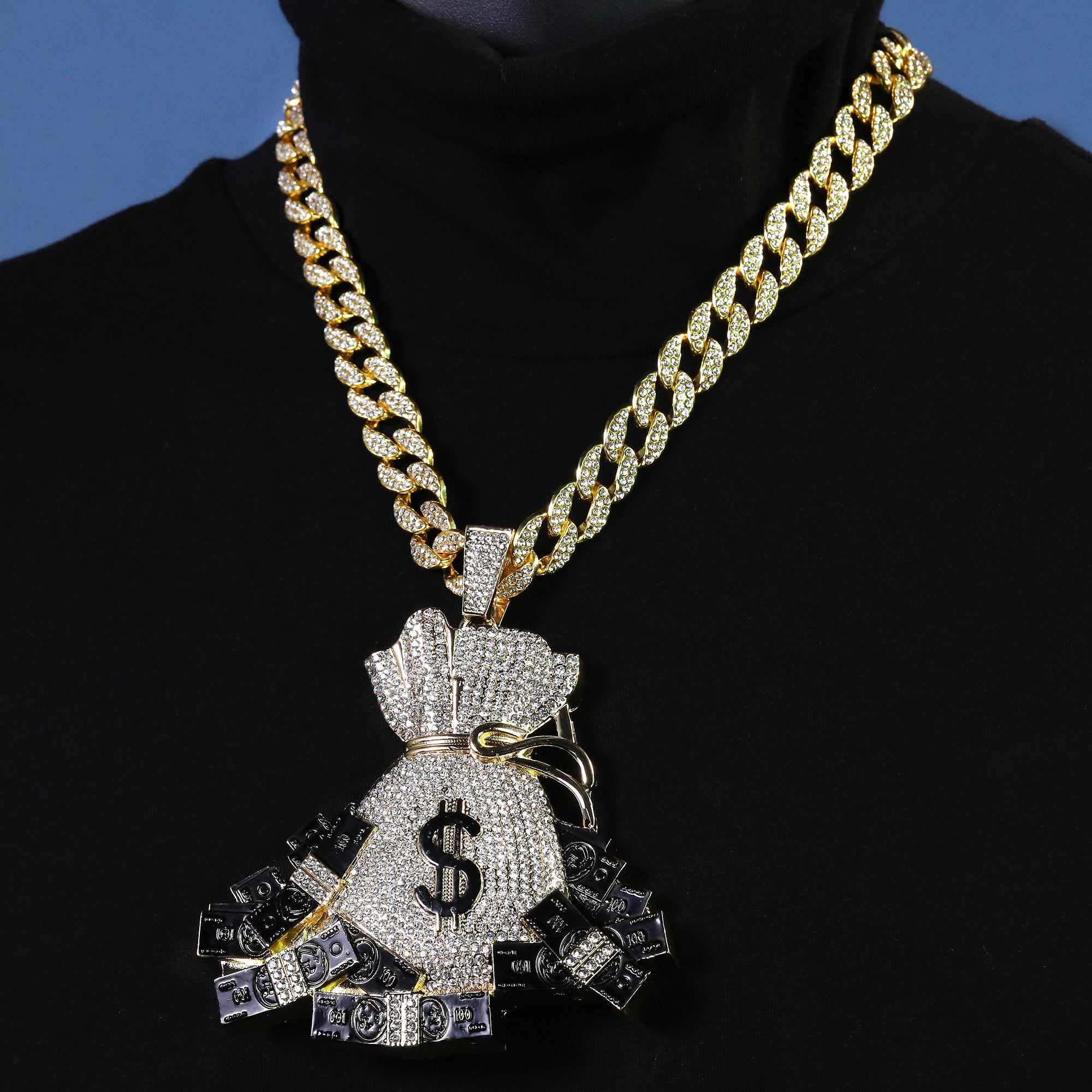 Jumbo Money Bag Sign Pendant with 14K Gold Filled 20" Cuban Choker Chain