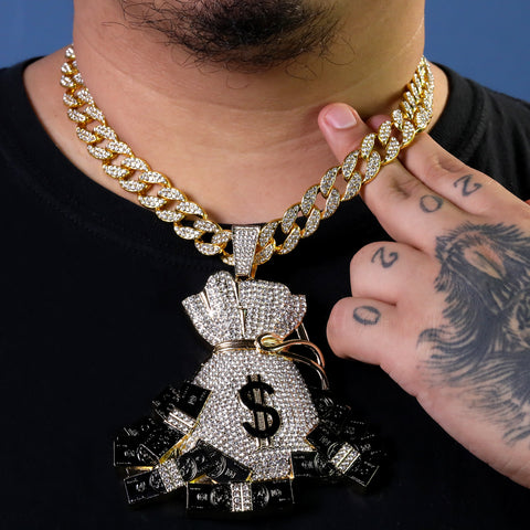 Jumbo Money Bag Sign Pendant with 14K Gold Filled 20" Cuban Choker Chain