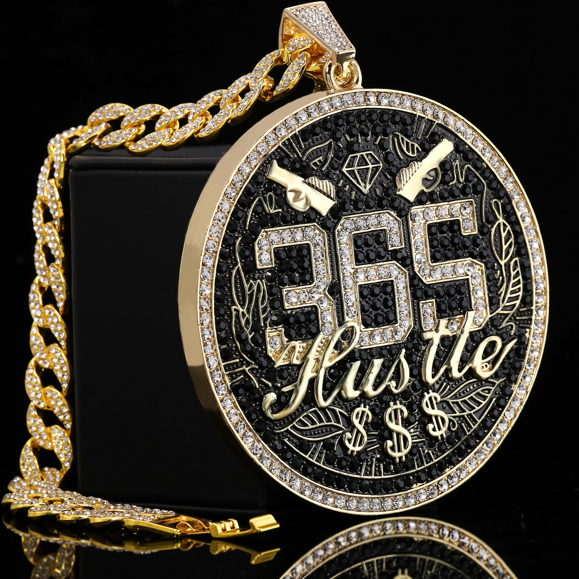 Large Jumbo "365 Hustle" 14k Gold Plated Pendant & Cuban Chain Necklace - Full Prong CZ