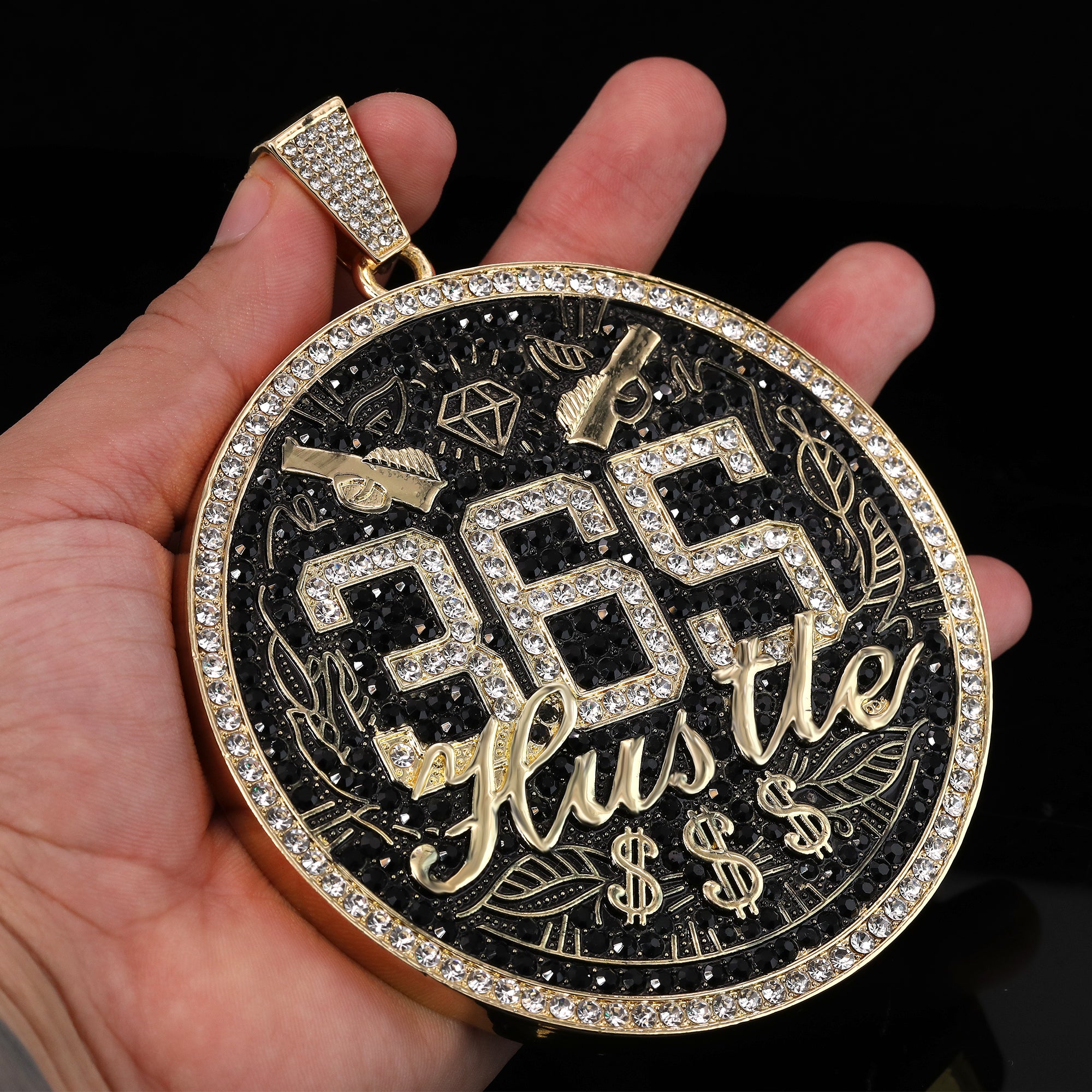 Large Jumbo "365 Hustle" 14k Gold Plated Pendant & Cuban Chain Necklace - Full Prong CZ