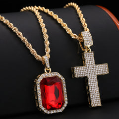 Gold Plated Red Stone & Iced Flat Cross Pendant Cubic-Zirconia Rope Chain