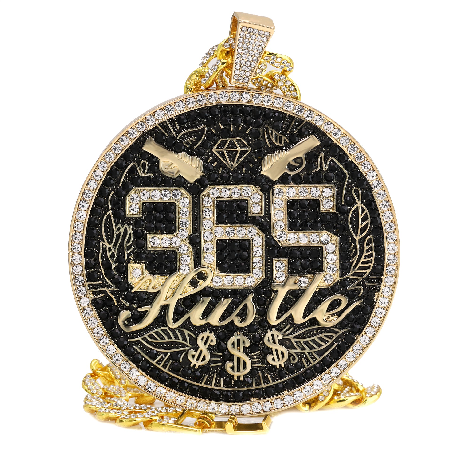 Large Jumbo "365 Hustle" 14k Gold Plated Pendant & Cuban Chain Necklace - Full Prong CZ