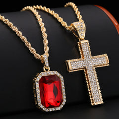 Gold Plated Red Stone & Jagged Edge Cross Pendant Cubic-Zirconia Rope Chain