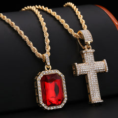 Gold Plated Red Stone & Iced Staple Cross Pendant Cubic-Zirconia Rope Chain