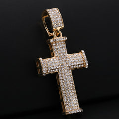 Gold Plated Red Stone & Iced Staple Cross Pendant Cubic-Zirconia Rope Chain