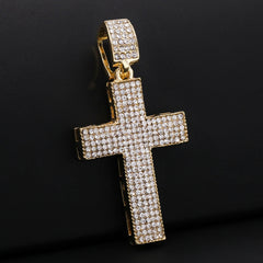 Gold Plated Red Stone & Iced Flat Cross Pendant Cubic-Zirconia Rope Chain