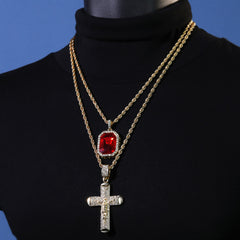 Gold Plated Red Stone & 012 Jesus Cross Pendant Cubic-Zirconia Rope Chain