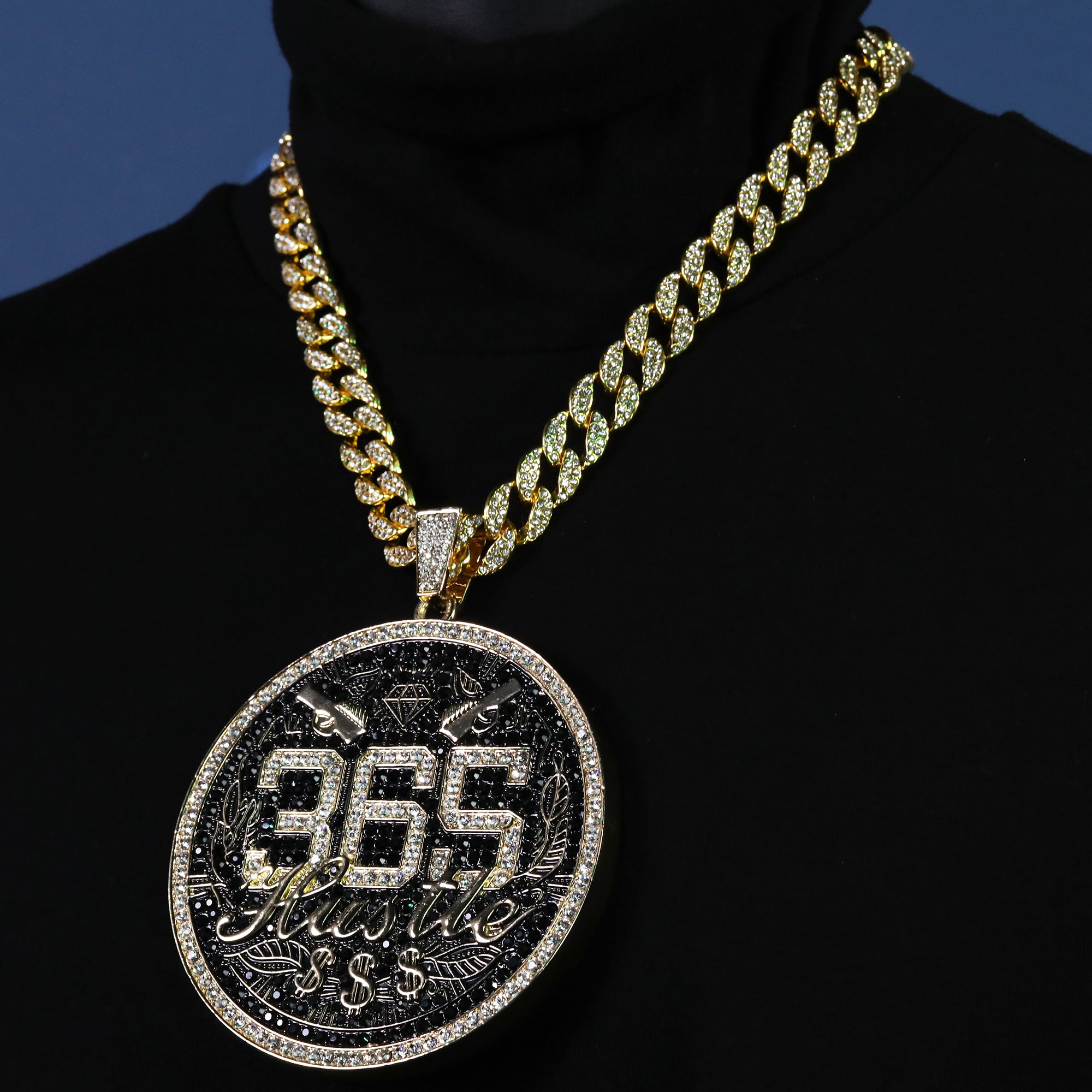 Large Jumbo "365 Hustle" 14k Gold Plated Pendant & Cuban Chain Necklace - Full Prong CZ
