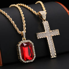 Gold Plated Red Stone & 3 Row Cross Pendant Cubic-Zirconia Rope Chain