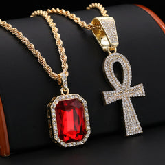 Gold Plated Red Stone & Ankh Cross Pendant Cubic-Zirconia Rope Chain