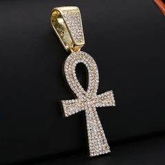 Gold Plated Red Stone & Ankh Cross Pendant Cubic-Zirconia Rope Chain