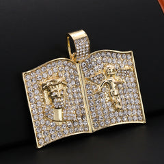 Gold Plated Red Stone & Holy Bible Jesus Pendant Cubic-Zirconia Rope Chain