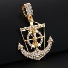 Gold Plated Red Stone & Jesus Anchor Pendant Cubic-Zirconia Rope Chain
