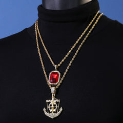 Gold Plated Red Stone & Jesus Anchor Pendant Cubic-Zirconia Rope Chain
