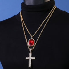Gold Plated Red Stone & 3 Row Cross Pendant Cubic-Zirconia Rope Chain