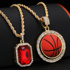 Gold Plated Red Stone & Basketball Spinner Pendant Cubic-Zirconia Rope Chain