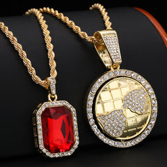 Gold Plated Red Stone & Iced World Globe Pendant Cubic-Zirconia Rope Chain