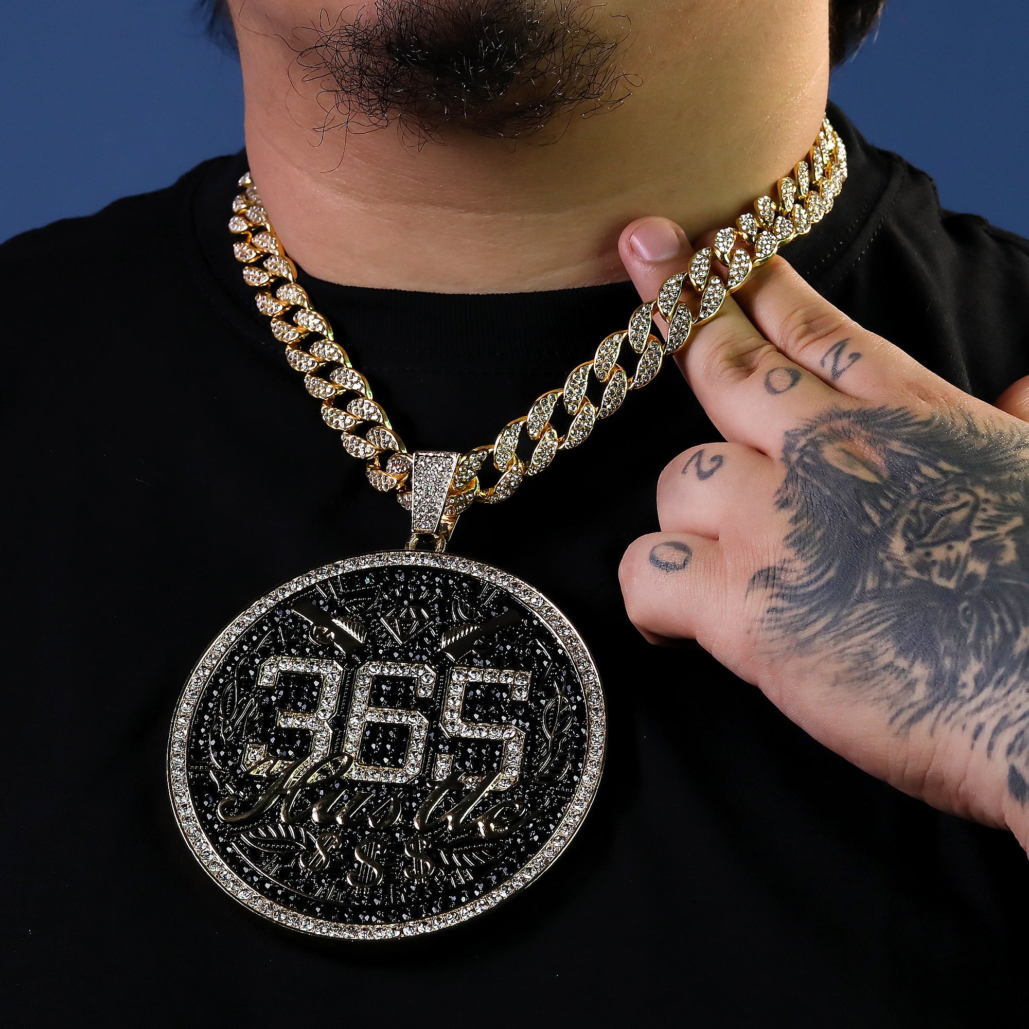Large Jumbo "365 Hustle" 14k Gold Plated Pendant & Cuban Chain Necklace - Full Prong CZ