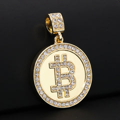 Gold Plated Red Stone & Mirror Bitcoin Pendant Cubic-Zirconia Rope Chain