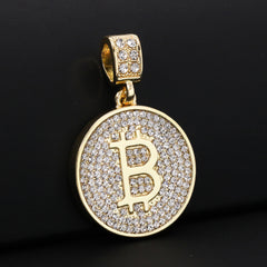 Gold Plated Red Stone & Iced Bitcoin Pendant Cubic-Zirconia Rope Chain