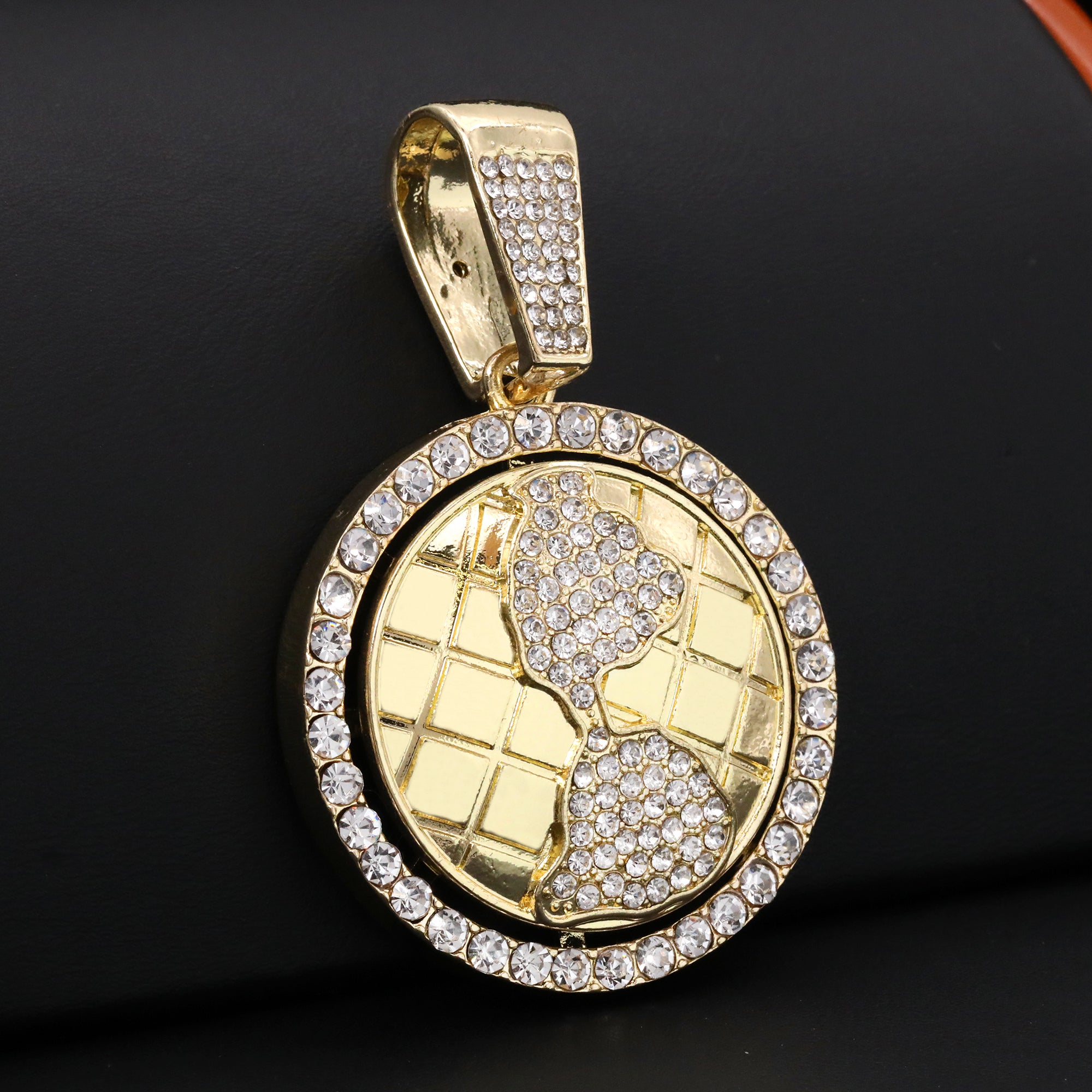 Gold Plated Red Stone & Iced World Globe Pendant Cubic-Zirconia Rope Chain