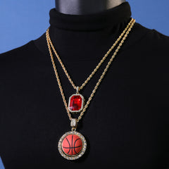 Gold Plated Red Stone & Basketball Spinner Pendant Cubic-Zirconia Rope Chain