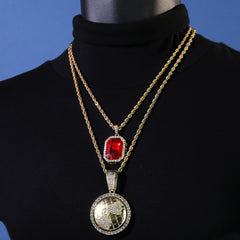 Gold Plated Red Stone & Iced World Globe Pendant Cubic-Zirconia Rope Chain