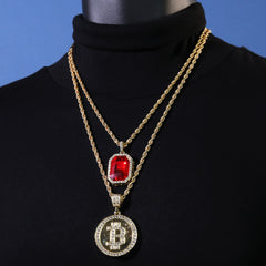 Gold Plated Red Stone & Mirror Bitcoin Pendant Cubic-Zirconia Rope Chain
