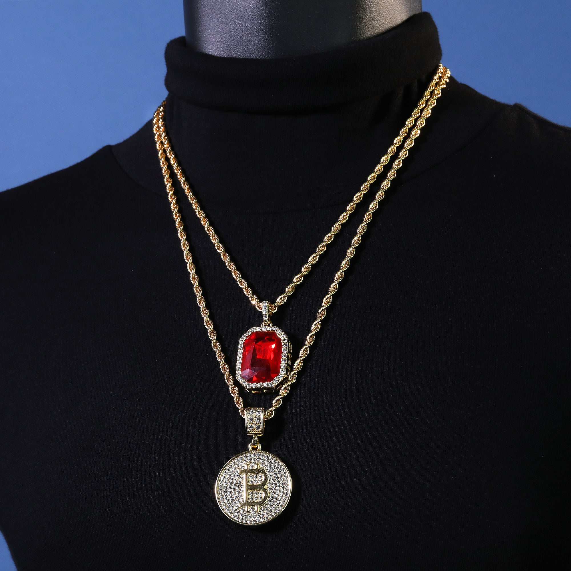 Gold Plated Red Stone & Iced Bitcoin Pendant Cubic-Zirconia Rope Chain