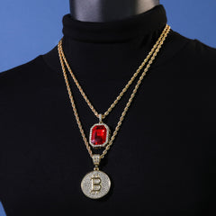 Gold Plated Red Stone & Iced Bitcoin Pendant Cubic-Zirconia Rope Chain