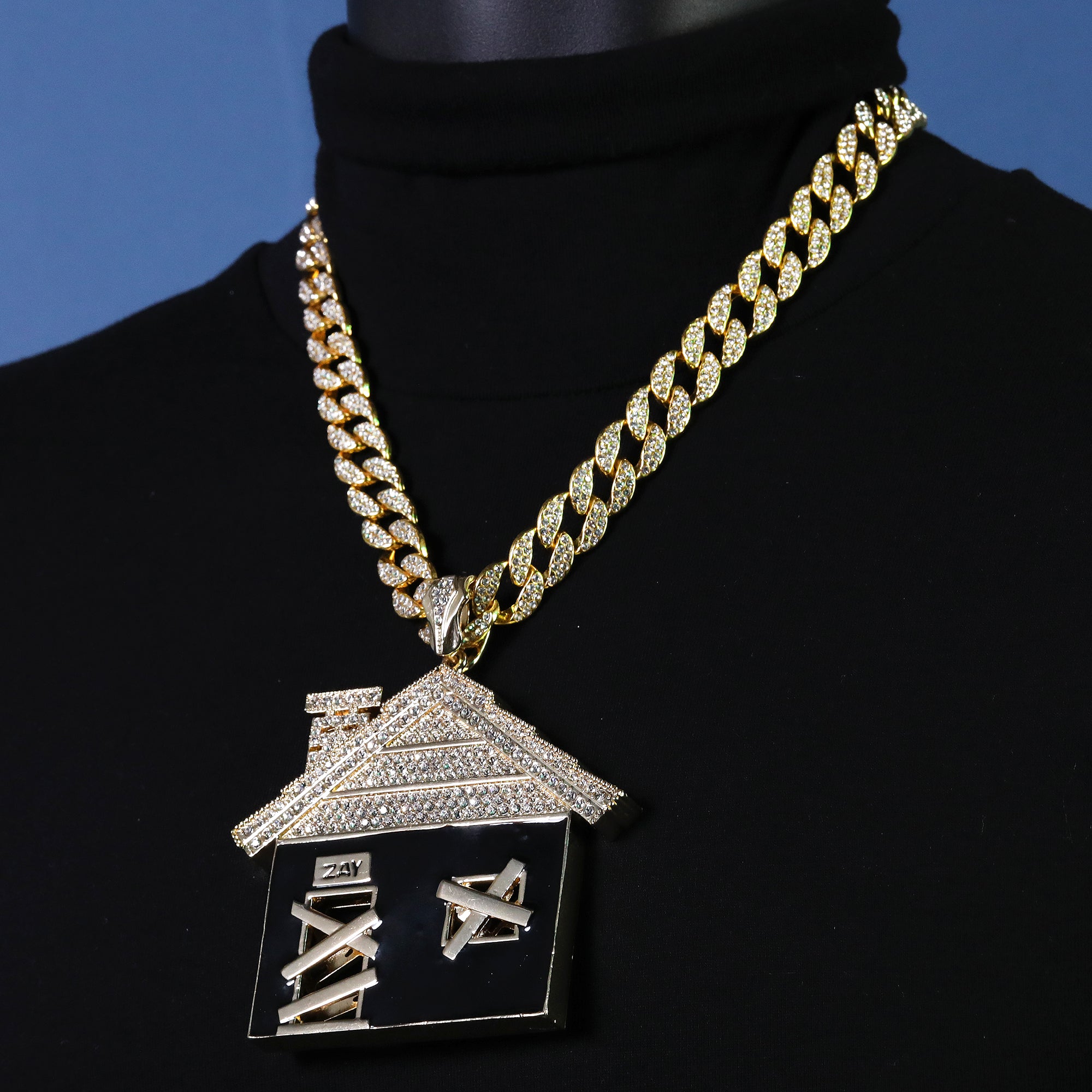 Jumbo Huge Black Bando House 14k Gold Plated 20" Cuban Chain
