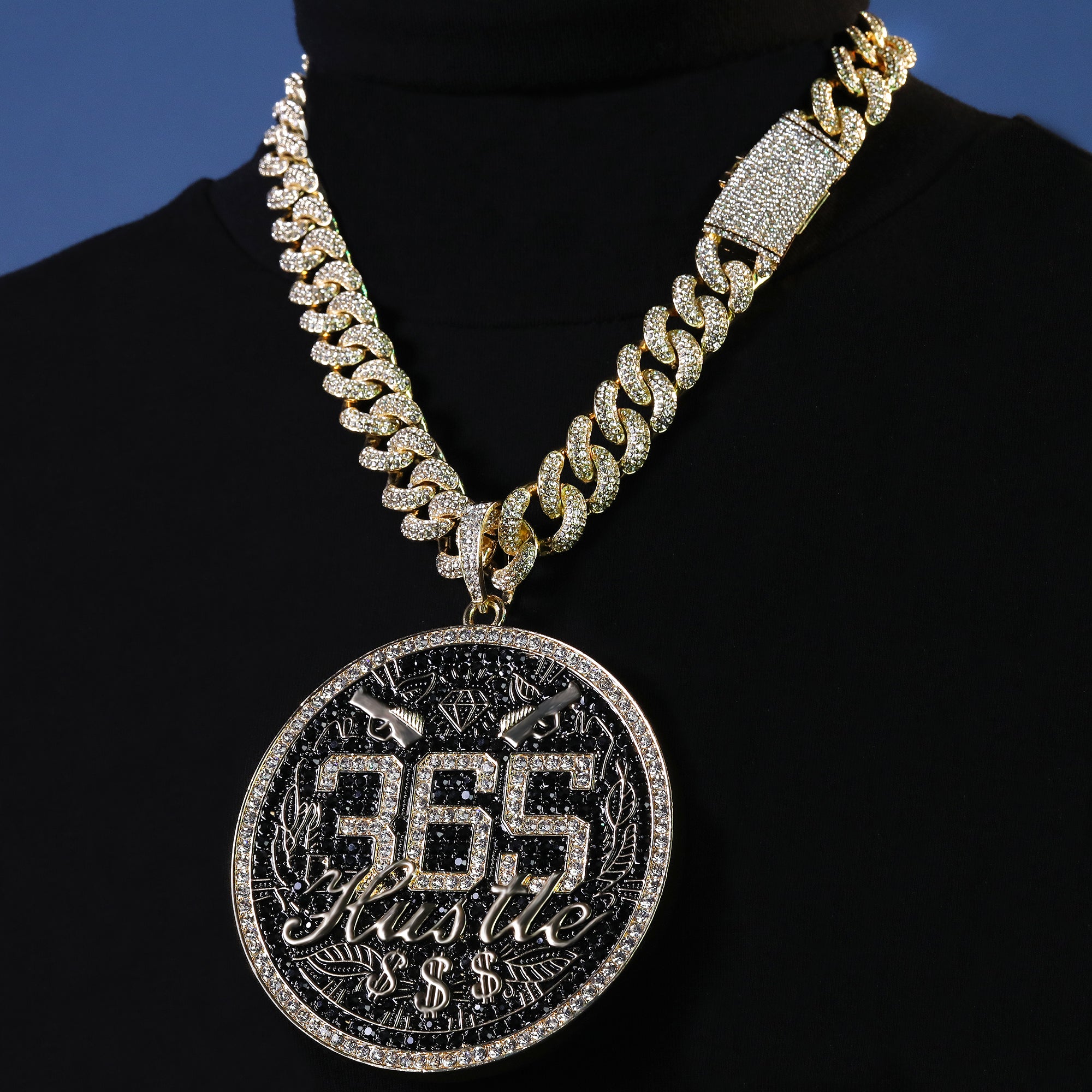 XXL Round 365 Hustle Pendant with 14K Gold Plated 20" Cuban Choker Chain – Box Clasp