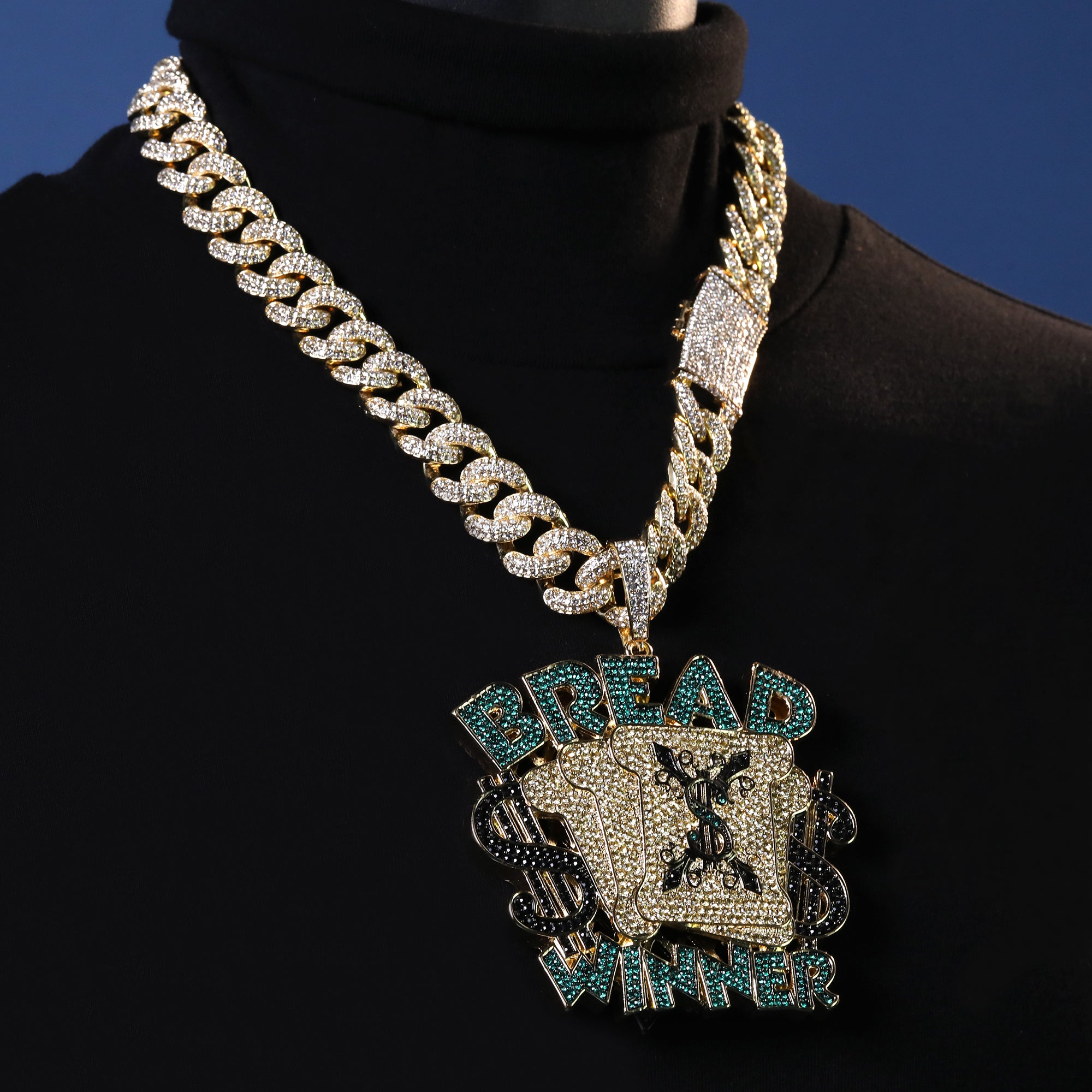 XXL Bread Winner Pendant with 14K Gold filled 20" Cuban Choker – Box Clasp