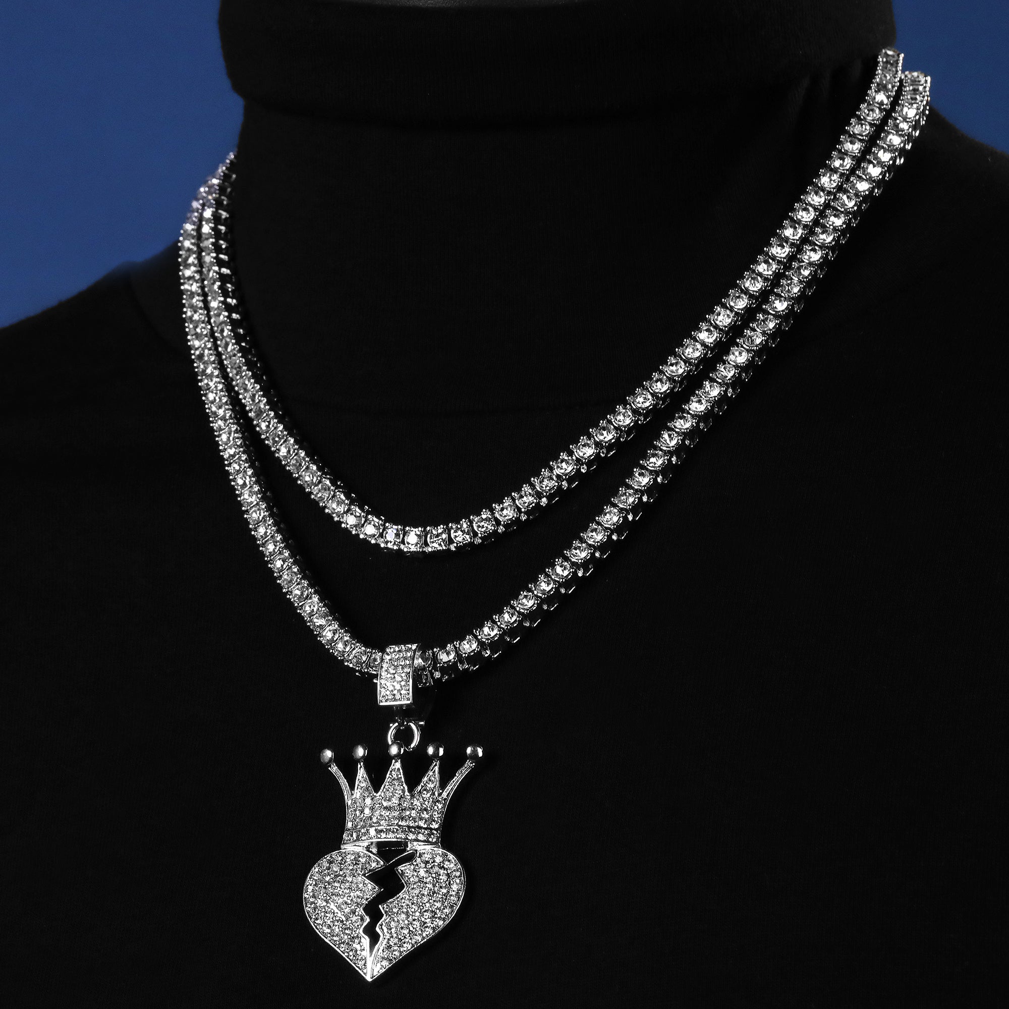 Broken Heart Crown Pendant Silver Plated ICED Two Tennis 18", 20" Chain Choker