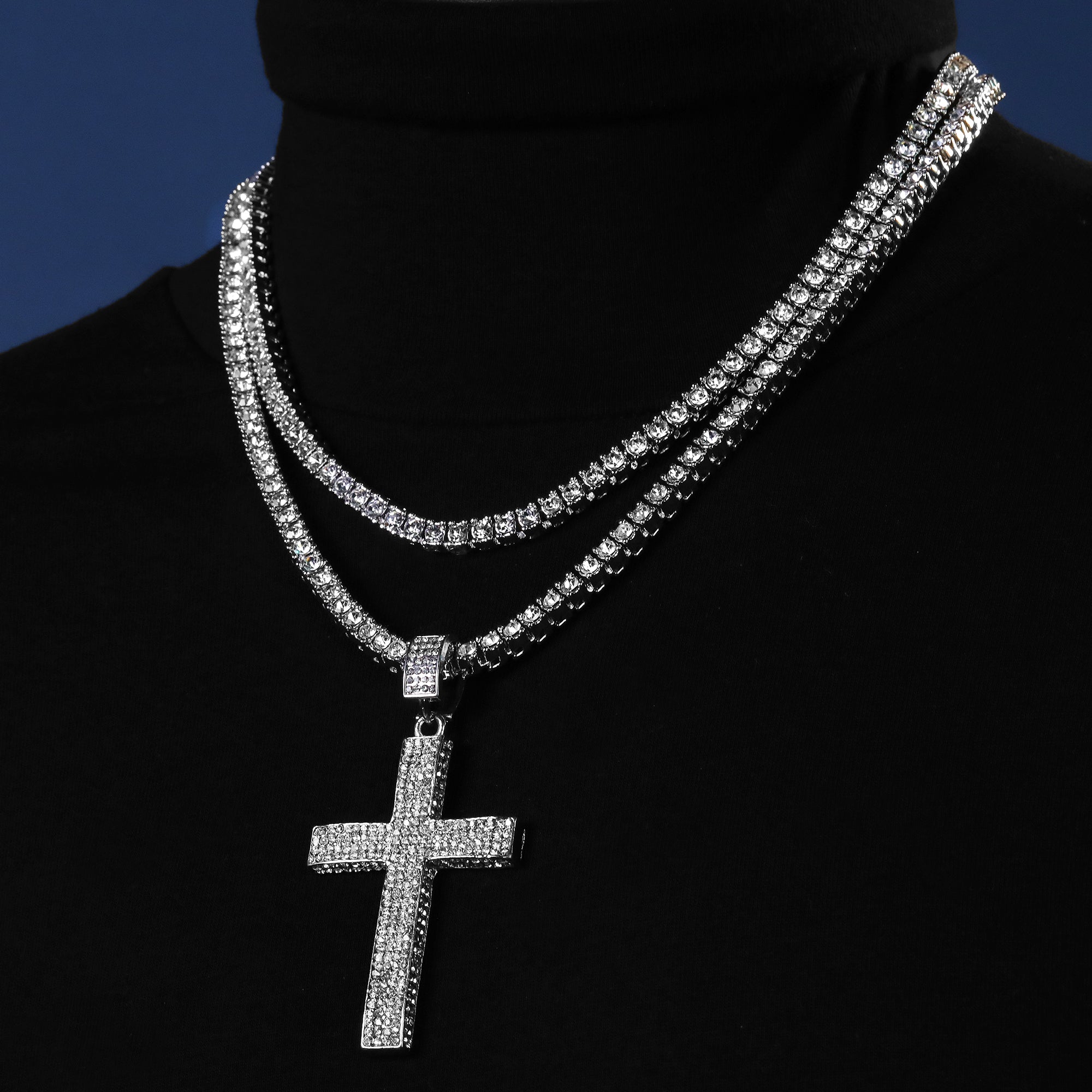 Fully Cz Cross Pendant Silver Plated ICED Two Tennis 18", 20" Chain Choker