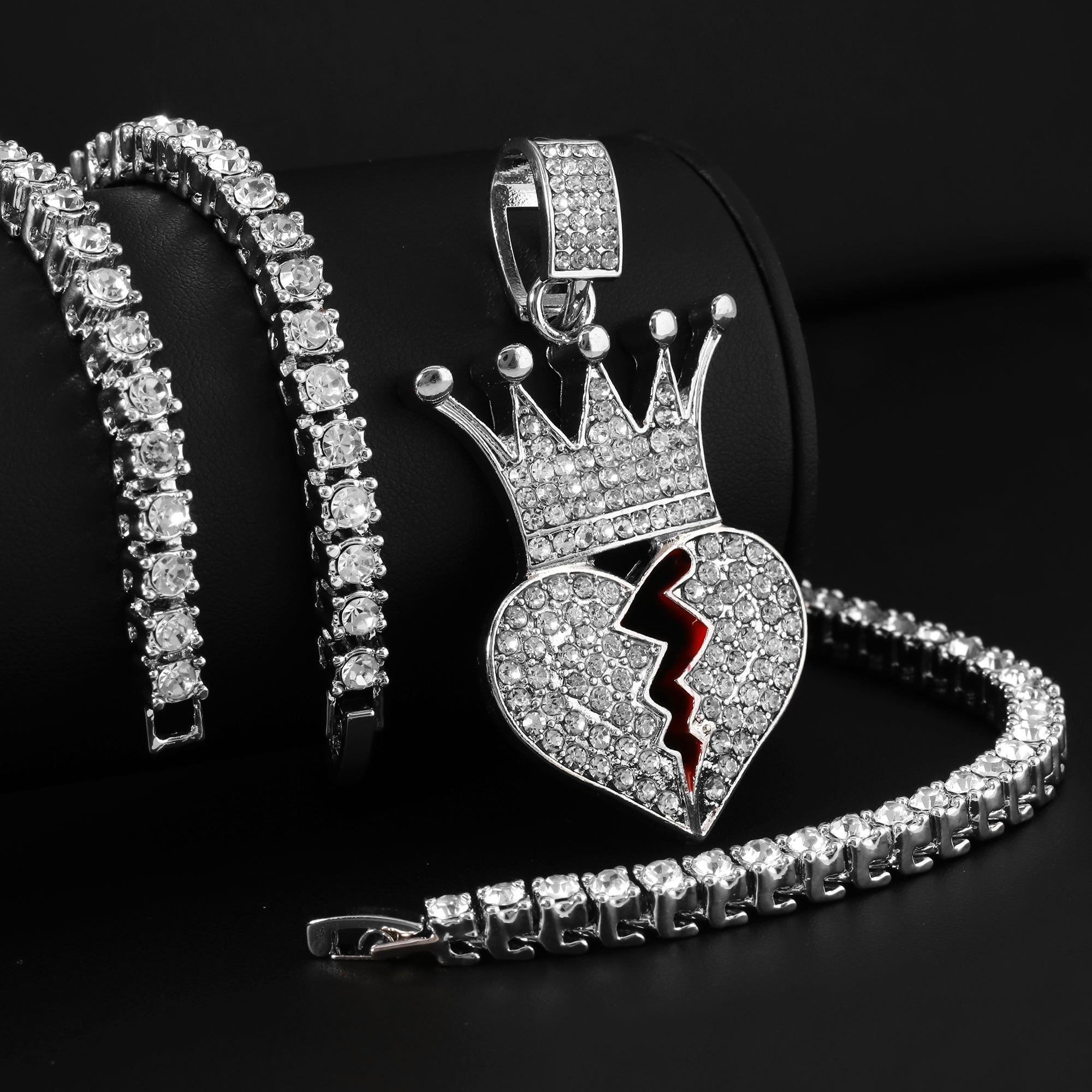 Broken Heart Crown Pendant Silver Plated ICED Two Tennis 18", 20" Chain Choker