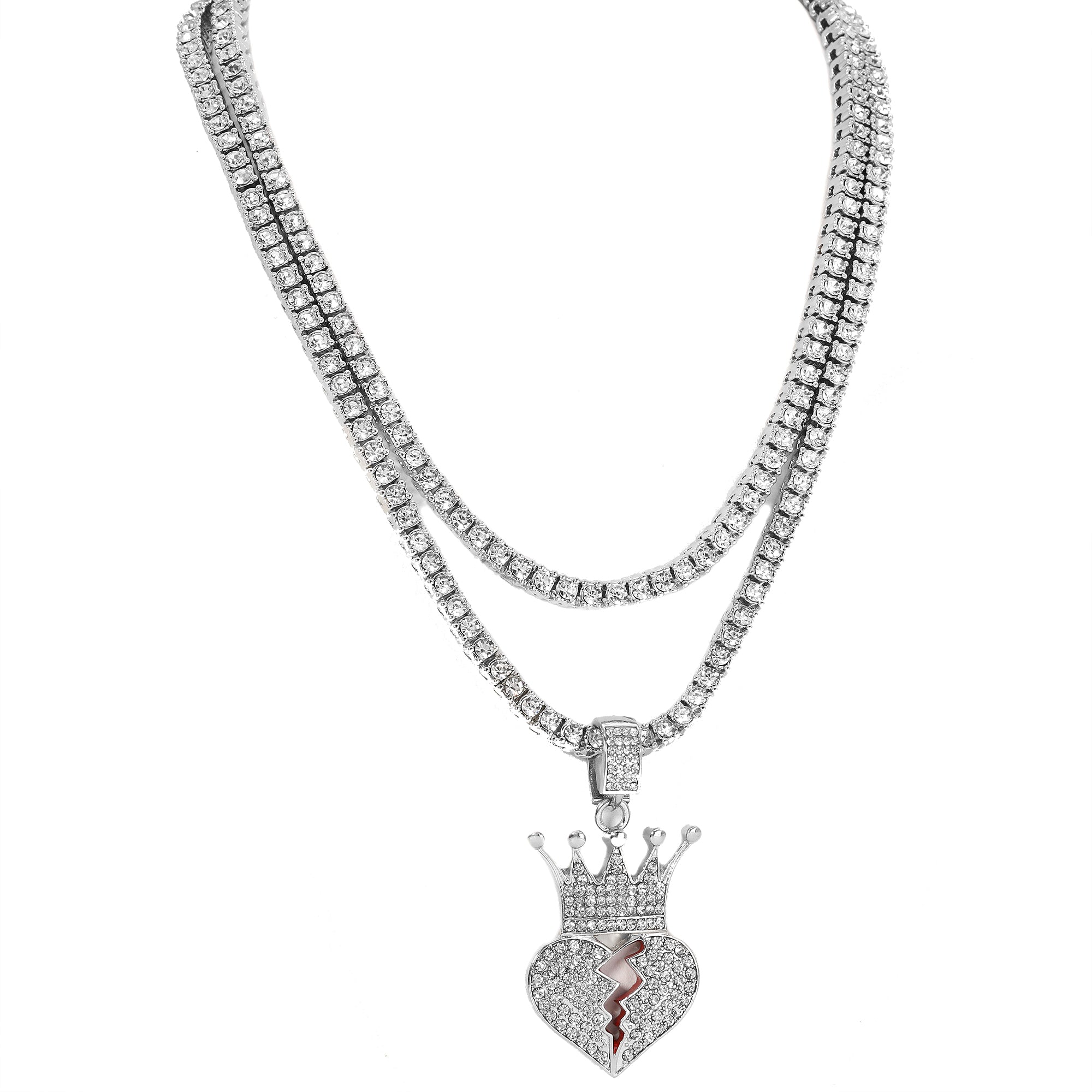 Broken Heart Crown Pendant Silver Plated ICED Two Tennis 18", 20" Chain Choker