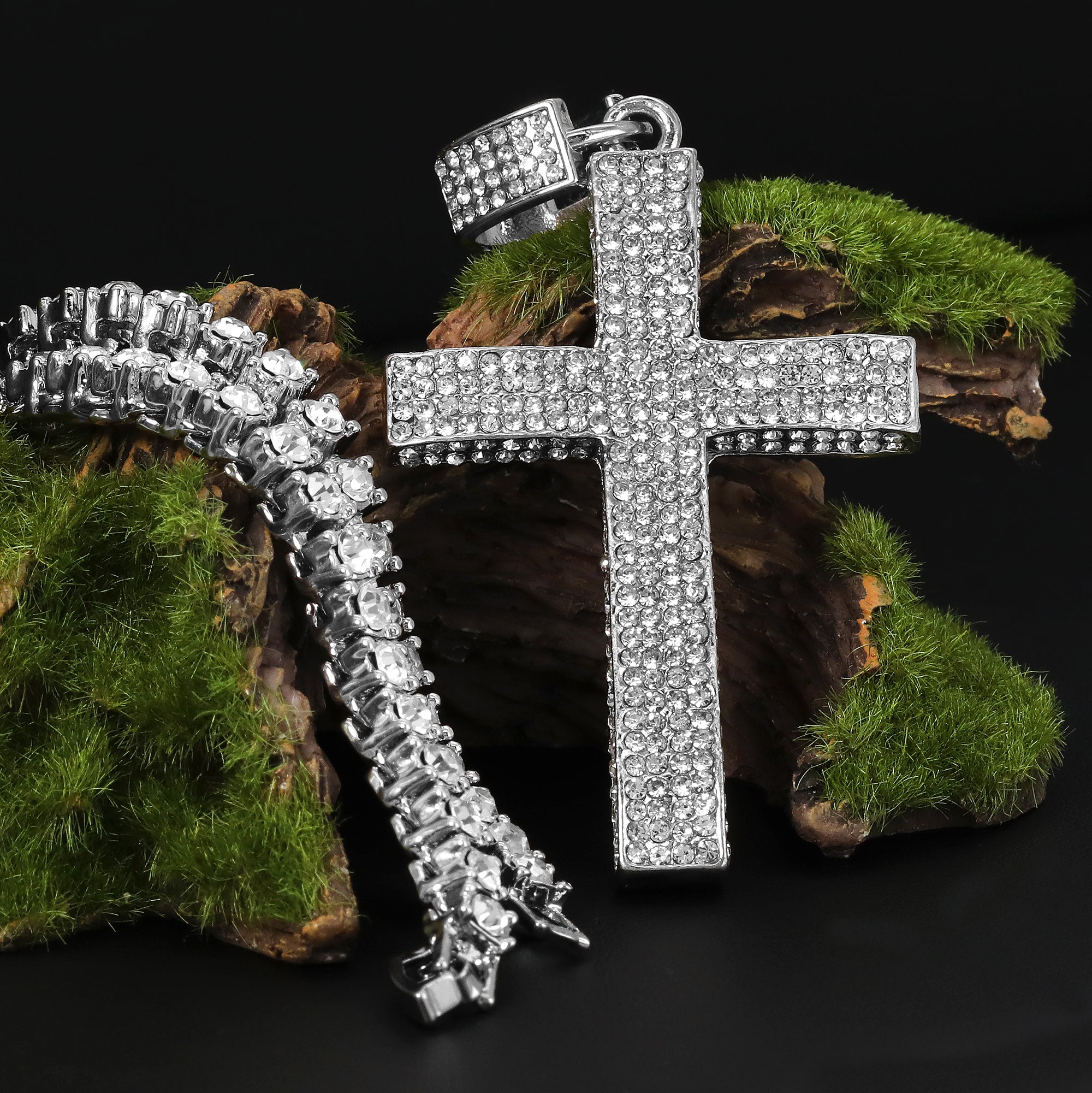 Fully Cz Cross Pendant Silver Plated ICED Two Tennis 18", 20" Chain Choker