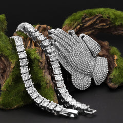 Cubic-Zirconia Thick Prayer Hands Pendant Silver Plated Tennis 18" Chain Choker