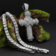 Cubic-Zirconia Thick X Cross Pendant Silver Plated Tennis 18" Chain Choker