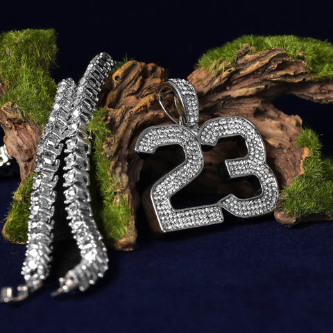 Cubic-Zirconia Thick 23 Pendant Silver Plated Tennis 18" Chain Choker Necklace