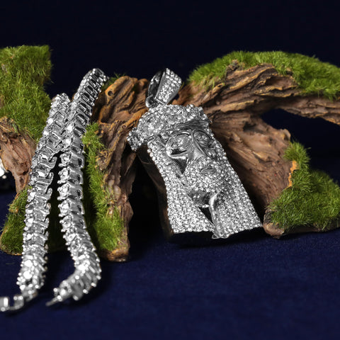 Cubic-Zirconia Thick Jesus Crown Pendant Silver Plated Tennis 18" Chain Choker