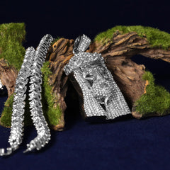 Cubic-Zirconia Thick Jesus Crown Pendant Silver Plated Tennis 18" Chain Choker