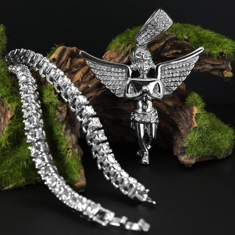 Cubic-Zirconia Thick Wing Angel Pendant Silver Plated Tennis 18" Chain Choker