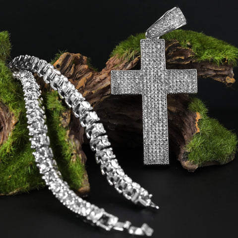 Cubic-Zirconia Thick Layer Cross Pendant Silver Plated Tennis 18" Chain Choker